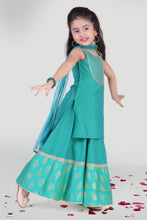 Load image into Gallery viewer, Girls Aqua Green Kali Skirt And Kurta Set With Dupatta For Girls
