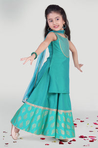 Girls Aqua Green Kali Skirt And Kurta Set With Dupatta For Girls