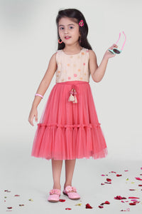 Girls White And Coral Net Party Dress For Girls