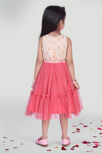 Girls White And Coral Net Party Dress For Girls