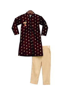 Boys Maroon Velvet Ajkan With Pant -1