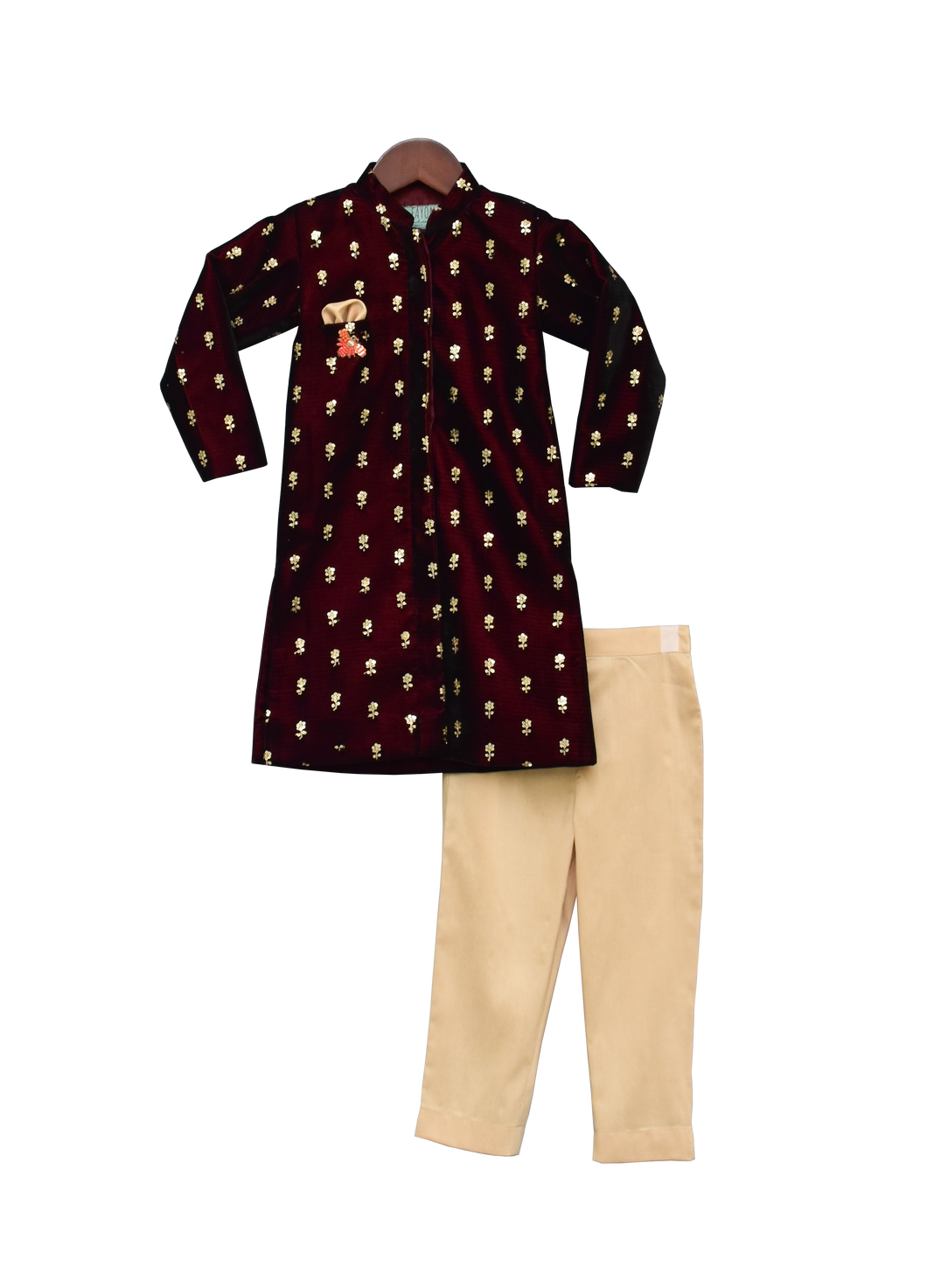 Boys Maroon Velvet Ajkan With Pant -1