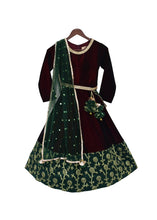 Load image into Gallery viewer, Girls Maroon Velvet Anarkali With Green Border