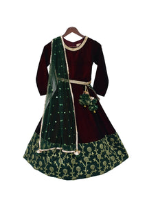 Girls Maroon Velvet Anarkali With Green Border