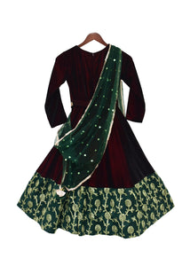 Girls Maroon Velvet Anarkali With Green Border