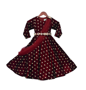 Girls Maroon Velvet Booti Anarkali