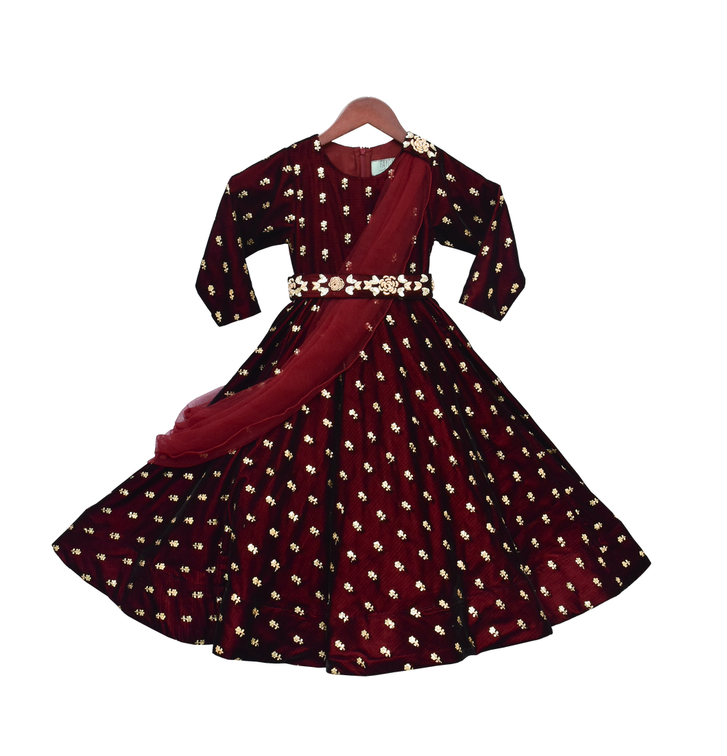 Girls Maroon Velvet Booti Anarkali