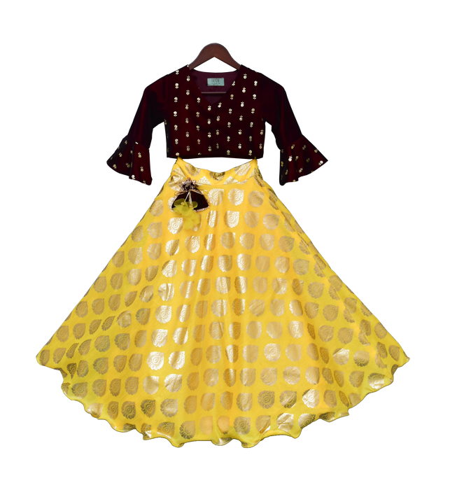 Girls Maroon Booti Velvet Choli With Lehenga