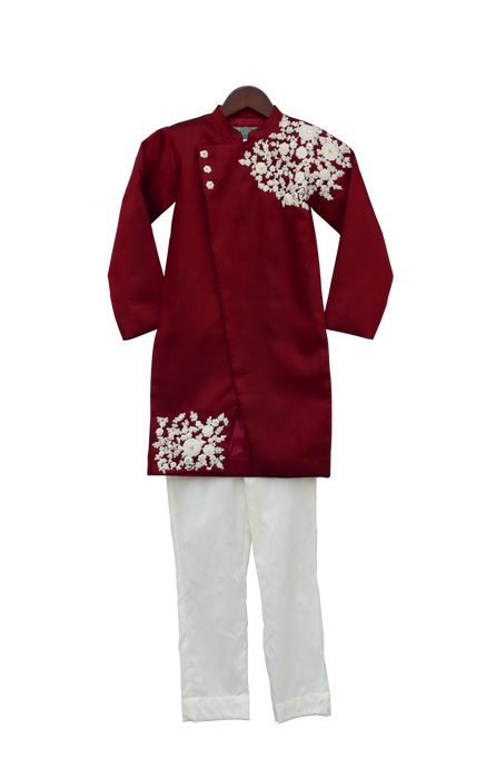 Boys Maroon Embroidery Ajkan With Churidar