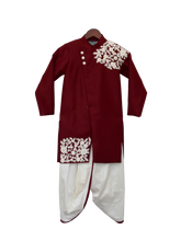 Load image into Gallery viewer, Boys Maroon Embroidery Ajkan With Dhoti