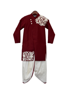 Boys Maroon Embroidery Ajkan With Dhoti