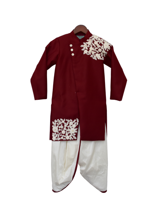 Boys Maroon Embroidery Ajkan With Dhoti