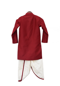 Boys Maroon Embroidery Ajkan With Dhoti