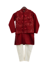 Load image into Gallery viewer, Boys Maroon Embroidery Jacket With Kurta And Churidar