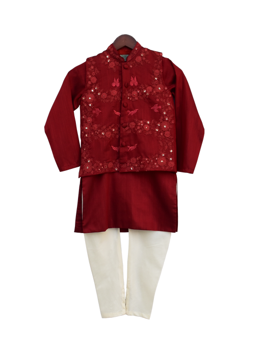 Boys Maroon Embroidery Jacket With Kurta And Churidar