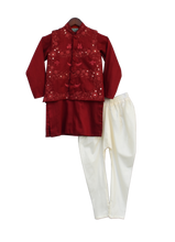 Load image into Gallery viewer, Boys Maroon Embroidery Jacket With Kurta And Churidar