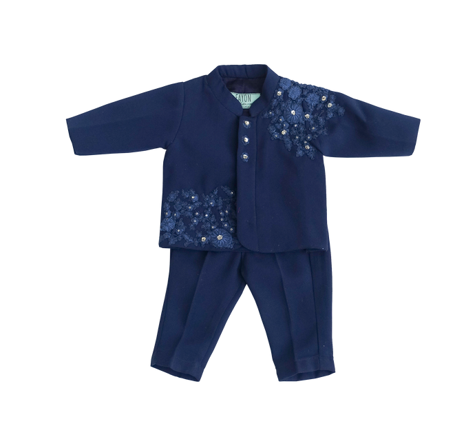 Boys Midnight Blue Embroidry Ajkan With Pant