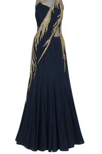 Midnight Blue Drape Saree Gown With Handwork