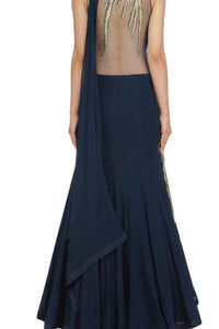 Midnight Blue Drape Saree Gown With Handwork