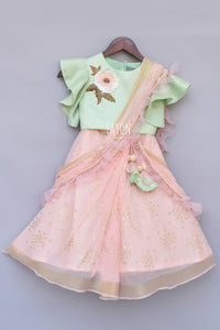Girls Mint Green Top With Peach Printed Lehenga Saree in USA