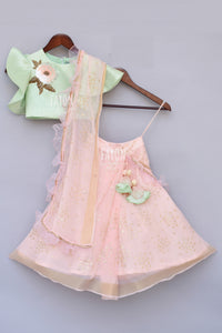 Girls Mint Green Top With Peach Printed Lehenga Saree in Suwanee