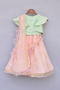 Girls Mint Green Top With Peach Printed Lehenga Saree in New York