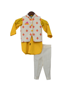 Boys Multi Colour Bootie Nehru Jacket With Yellow Kurta & Pant