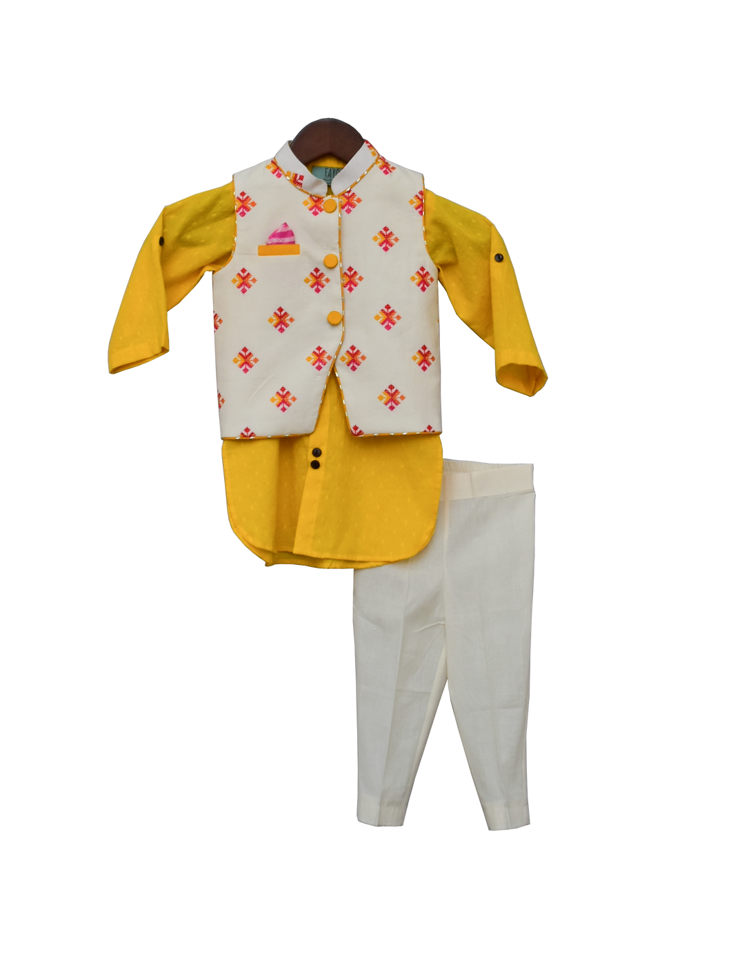 Boys Multi Colour Bootie Nehru Jacket With Yellow Kurta & Pant