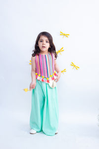 Girls Multi Color Knitted Top With Aqua Plazo Pant