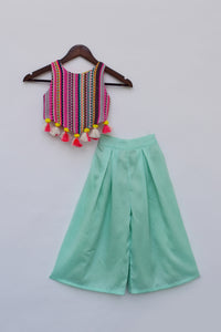 Girls Multi Color Knitted Top With Aqua Plazo Pant
