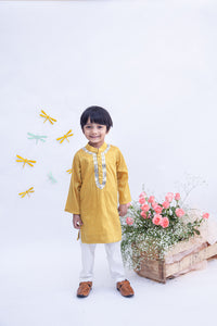 Boys Mustard Yellow Silk Kurta With Chudidar