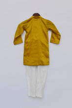 Load image into Gallery viewer, Boys Off White Embroidery Nehru Jacket With Mustard Yellow Kurta And Chudidar