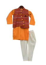 Load image into Gallery viewer, Boys Mustard Yellow Kurta With Printed Nehru Jacket Set