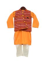 Load image into Gallery viewer, Boys Mustard Yellow Kurta With Printed Nehru Jacket Set