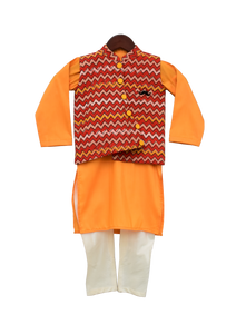 Boys Mustard Yellow Kurta With Printed Nehru Jacket Set