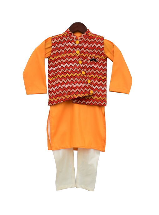 Boys Mustard Yellow Kurta With Printed Nehru Jacket Set