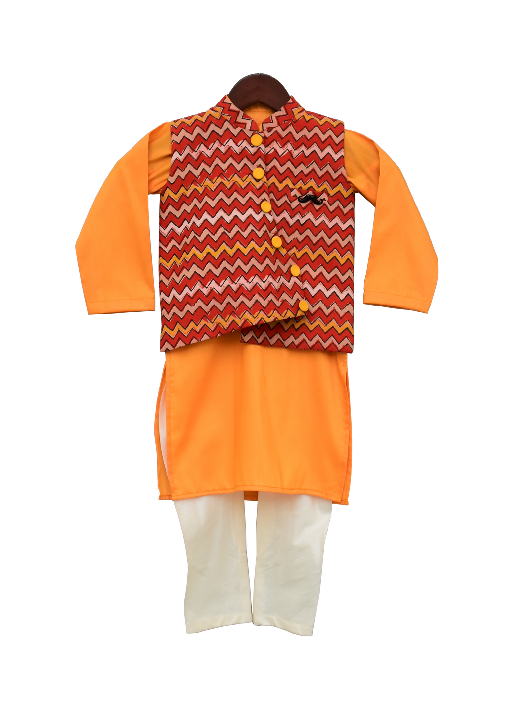 Boys Mustard Yellow Kurta With Printed Nehru Jacket Set