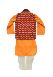 Boys Mustard Yellow Kurta With Printed Nehru Jacket Set