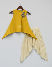 Load image into Gallery viewer, Girls Mustard Yellow Kurti With Patch On Shoulder &amp; Dhoti in Suwanee