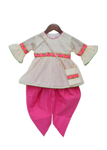 Girls Off White Chanderi Kurti With Pink Dhoti