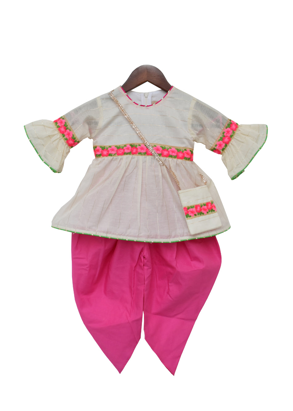 Girls Off White Chanderi Kurti With Pink Dhoti