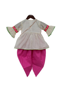 Girls Off White Chanderi Kurti With Pink Dhoti