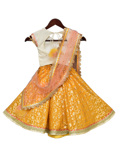 Girls Offwhite Sequence Choli With Yellow Brocade Lehenga