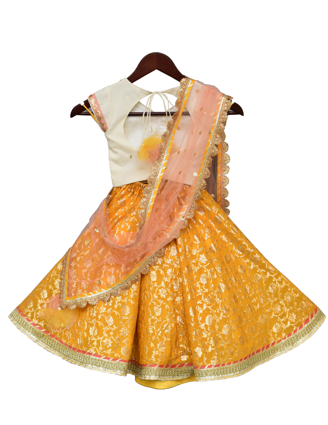 Girls Offwhite Sequence Choli With Yellow Brocade Lehenga