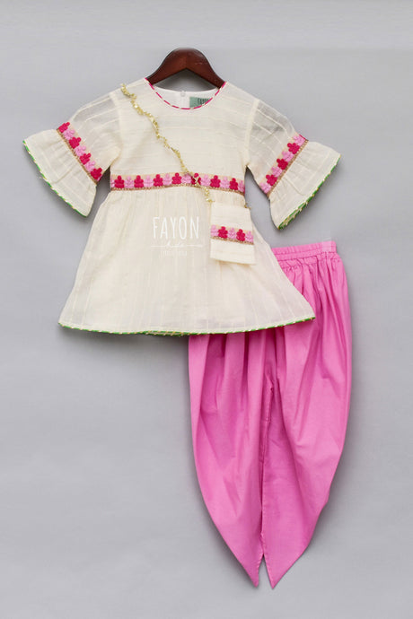 Girls Offwhite Embroidery Kurti With Dhoti
