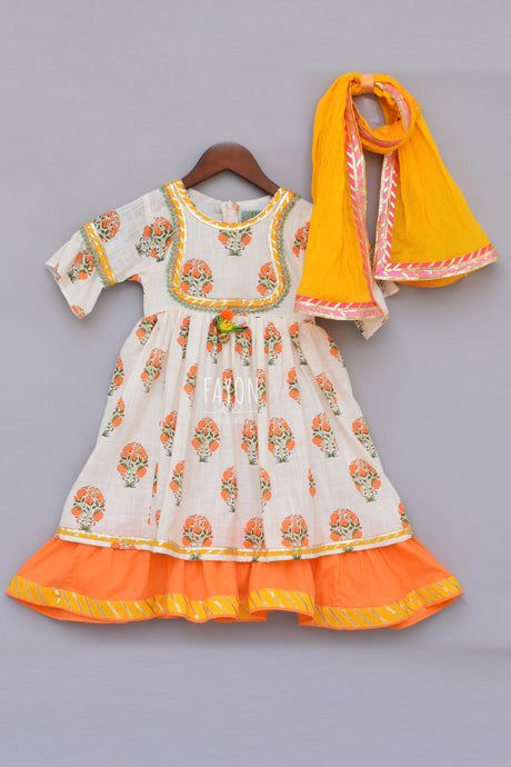 Girls Offwhite Flower Print Anarkali With Yellow Dupatta