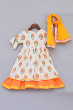 Load image into Gallery viewer, Girls Offwhite Flower Print Anarkali With Yellow Dupatta