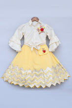 Load image into Gallery viewer, Girls Offwhite Knotted Top With Yellow Gota Lehenga