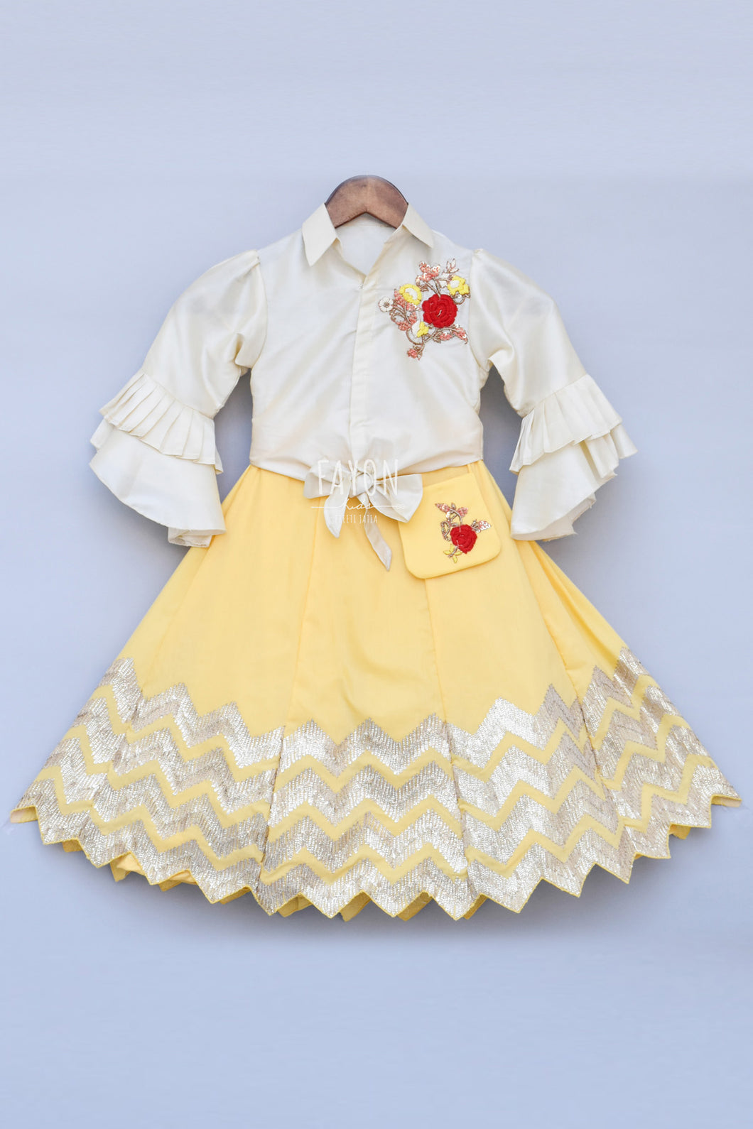 Girls Offwhite Knotted Top With Yellow Gota Lehenga