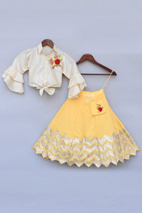 Girls Offwhite Knotted Top With Yellow Gota Lehenga